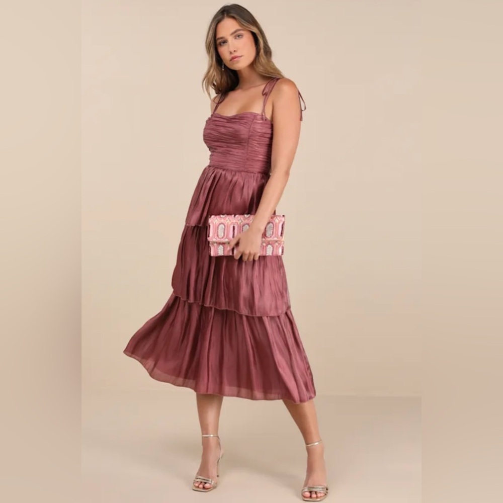 Lulu's Mauve Tiered Satin Midi Dress